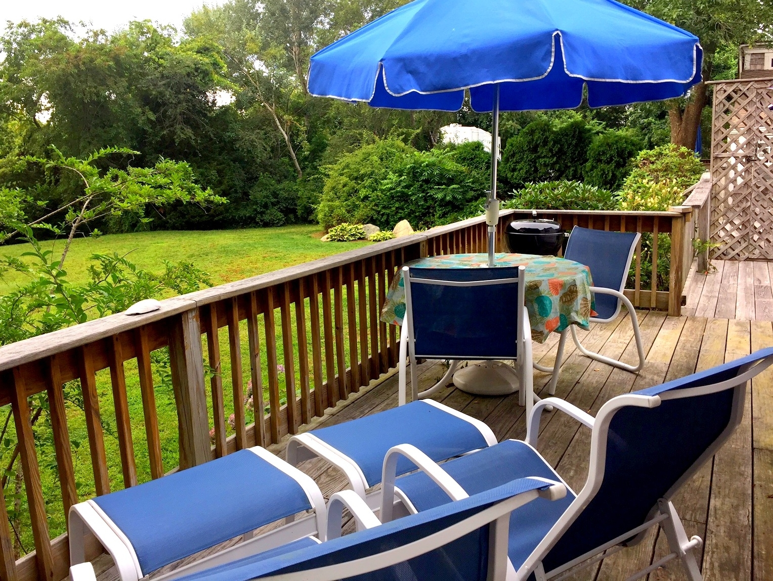 4 blue chairs, a table and a blue umbrella on a deck overlooking the beackyard