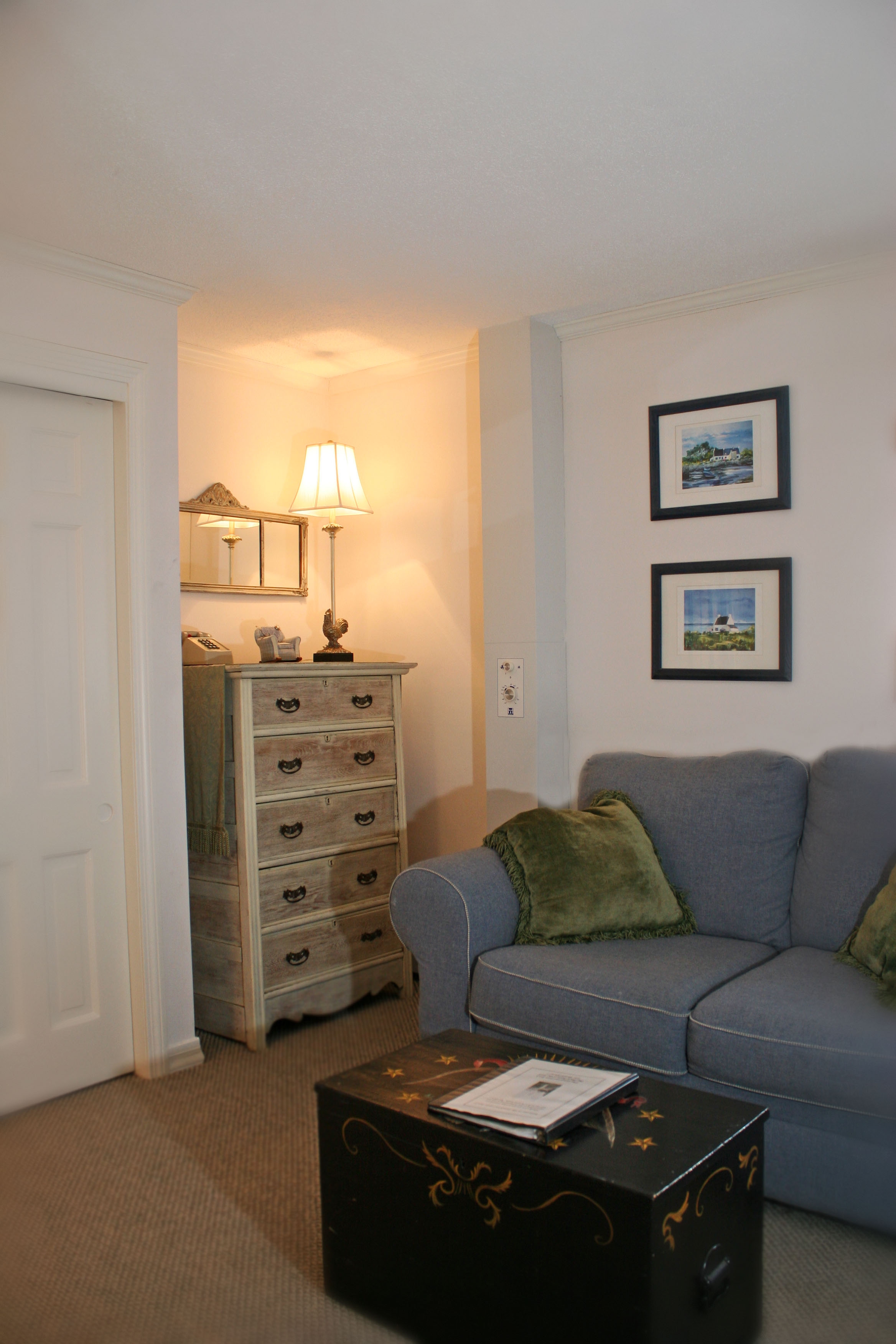 A photo of the corner of Lion's Den with blue couch and green pillows. There is a book on a black chest and a 5-drawer chest of drawers