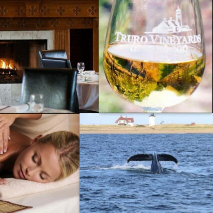 Photo of a fireplace and dining room, a woman getting a massage, a whale's tail and a glass of wine.